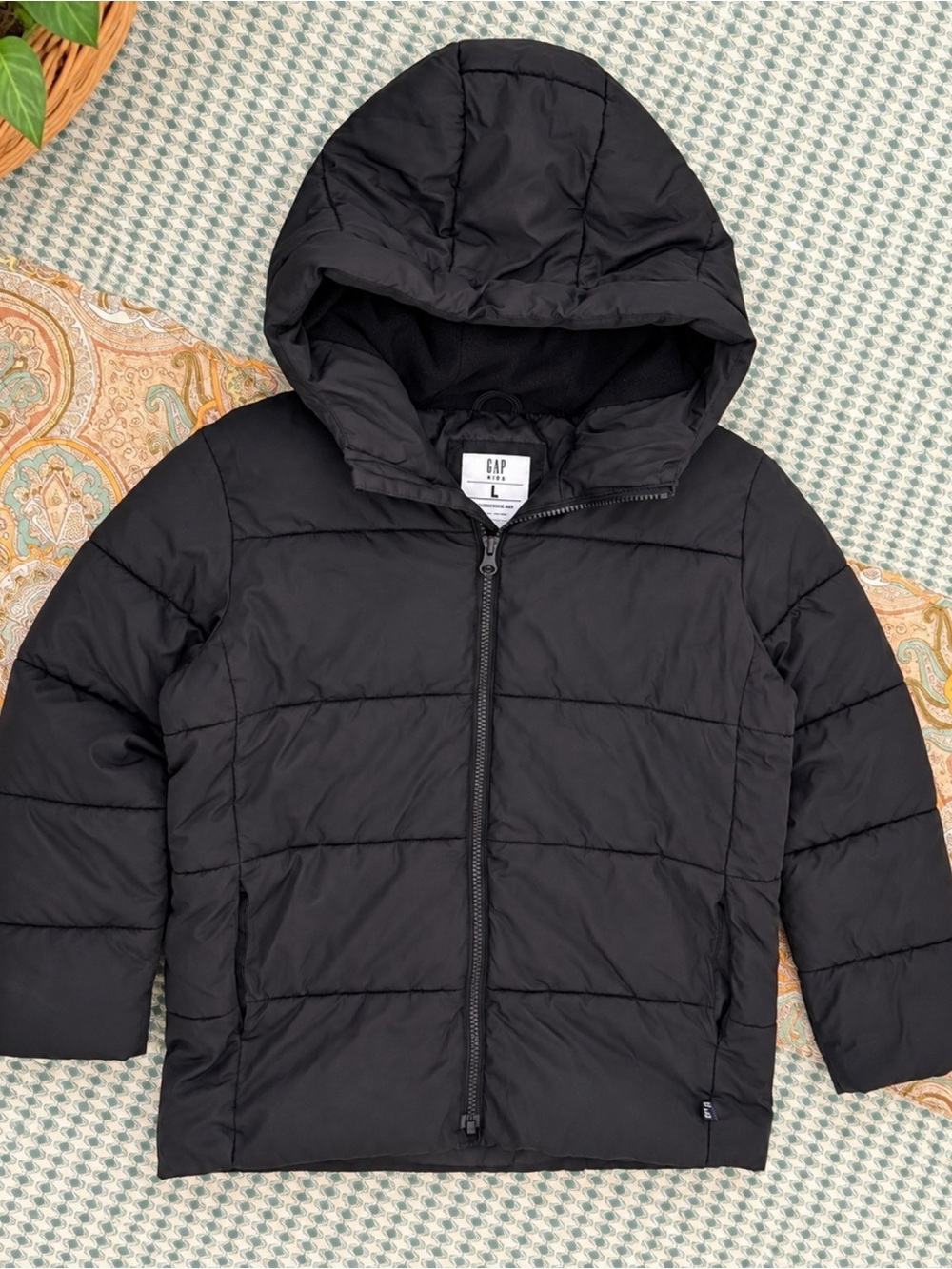 GAP Kids Black ColdControl Max Hooded Puffer Jacket Water Resistant Size L